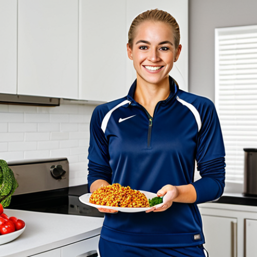 Home 25 A professional female volleyball player with an athletic build, standing confidently in a bright, modern sports nutrition kitchen. She is wearing a modest, fully clothed professional training outfit, appropriate athletic attire. On a sleek counter in front of her, a meticulously prepared, visually appealing meal is displayed, featuring golden brown rice, grilled lean chicken breast, and a vibrant assortment of fresh vegetables and colorful berries. A digital tablet nearby shows a detailed, personalized nutritional chart. Professional photography, high resolution, soft studio lighting, natural pose, perfect anatomy, correct proportions, well-formed hands, proper finger count, natural body proportions, safe for work, appropriate content, fully clothed, professional, family-friendly.