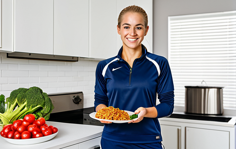 A professional female volleyball player with an athletic build, standing confidently in a bright, modern sports nutrition kitchen. She is wearing a modest, fully clothed professional training outfit, appropriate athletic attire. On a sleek counter in front of her, a meticulously prepared, visually appealing meal is displayed, featuring golden brown rice, grilled lean chicken breast, and a vibrant assortment of fresh vegetables and colorful berries. A digital tablet nearby shows a detailed, personalized nutritional chart. Professional photography, high resolution, soft studio lighting, natural pose, perfect anatomy, correct proportions, well-formed hands, proper finger count, natural body proportions, safe for work, appropriate content, fully clothed, professional, family-friendly.