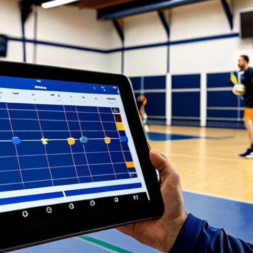 Home 24 **
A volleyball coach analyzing data on a tablet, with charts and graphs visualizing player statistics displayed on a large screen in the background. Players are practicing drills in the background, fully clothed in athletic wear. Modern gym setting, professional atmosphere, safe for work, appropriate content, perfect anatomy, natural proportions, well-formed hands.
**