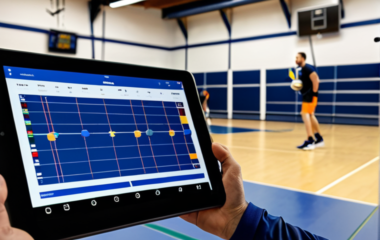**
A volleyball coach analyzing data on a tablet, with charts and graphs visualizing player statistics displayed on a large screen in the background. Players are practicing drills in the background, fully clothed in athletic wear. Modern gym setting, professional atmosphere, safe for work, appropriate content, perfect anatomy, natural proportions, well-formed hands.
**